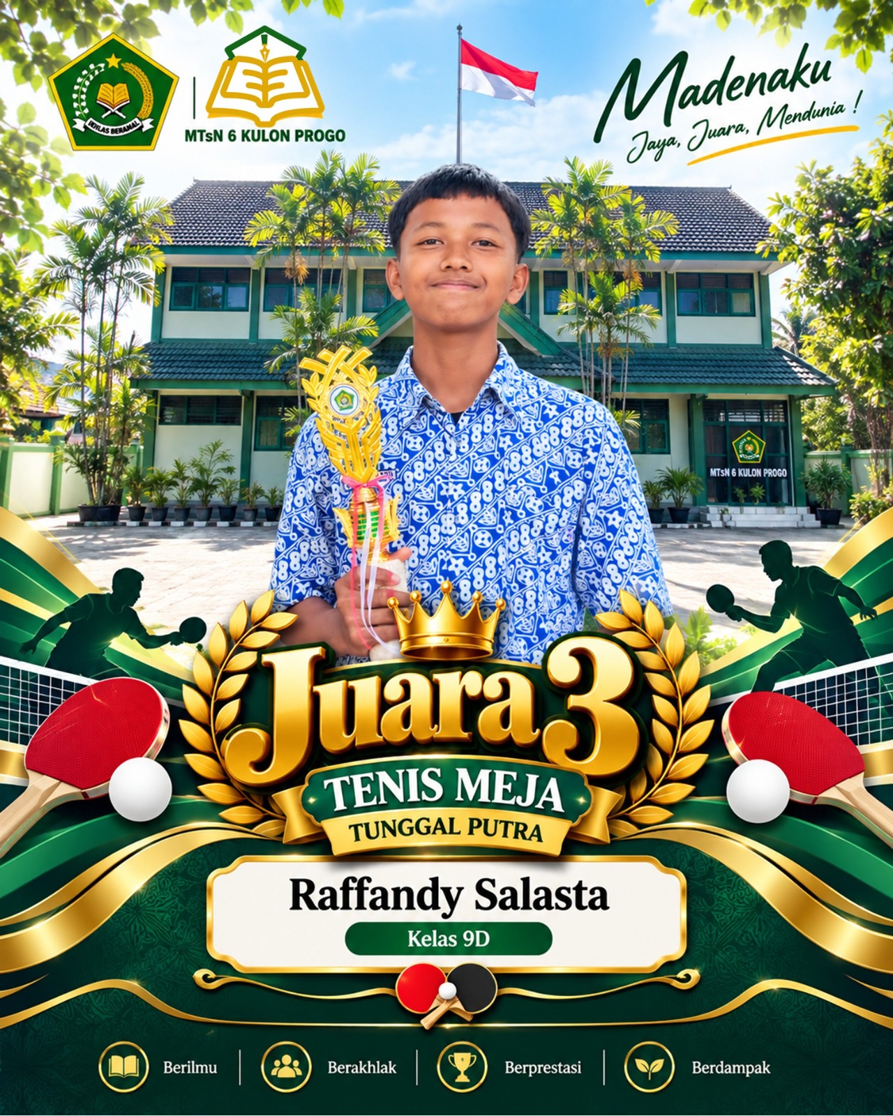 Tampil Kompetitif, Raffandy Salasta Raih Juara 3 Tenis Meja Putra